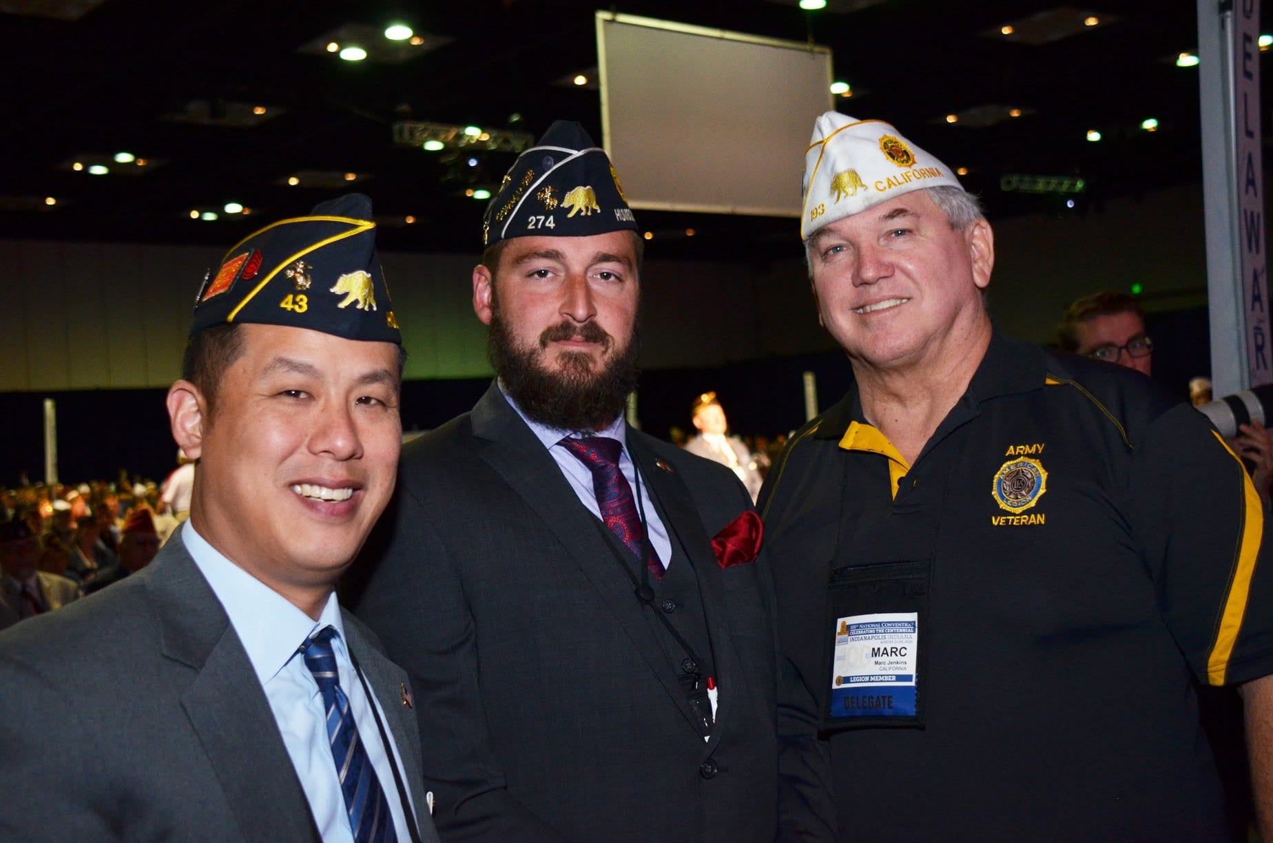 From left: Hollywood Post 43 member and National Director of Veterans Affairs & Rehabilitation Chanin Nuntavong, Humbolt County Commander Jeffrey Sterling and California Department Service Officer Marc Jenkins pause for a photo during The American Legion's 101st annual convention in August 2019.